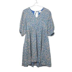 MIRTH Blue Floral Cotton Mini Dress Womens M Puff Sleeve Open Back Cottagecore